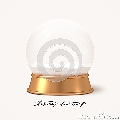 Snowglobe with golden stand. Realistic christmas decoration. Vector Illustration